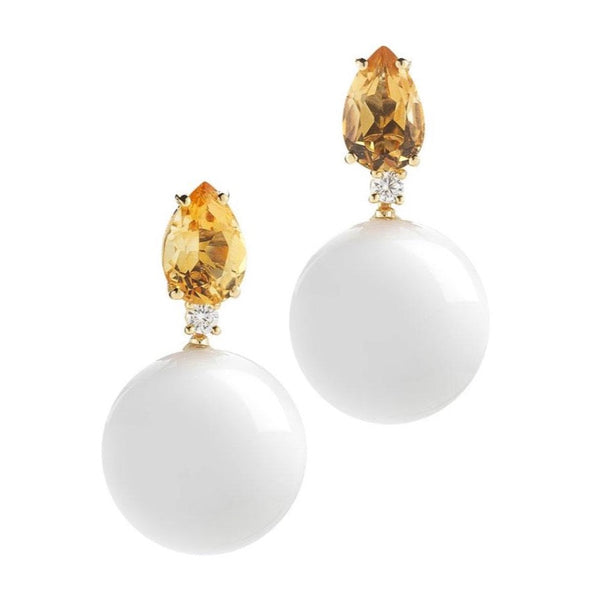 Bonbon - Drop Earrings with Citrine, White Agate and Diamonds, 18k Yellow Gold