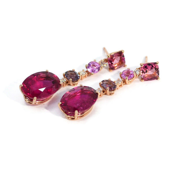 Party - One of a Kind Drop Earrings with Pink Tourmaline, Pink Sapphires, Purple Spinels, Rubellite and Diamonds, 18k Rose Gold